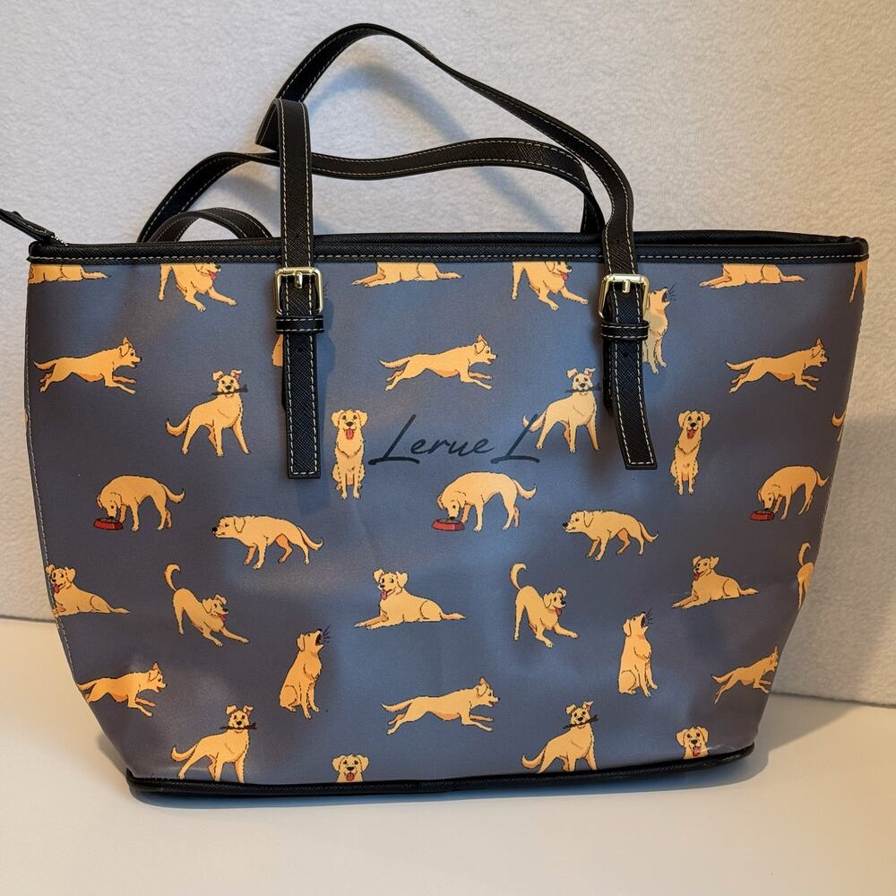 Leruel Large Tote Bag Dogs Blue Yellow Storage Animal Print Preppy - Picture 2 of 7